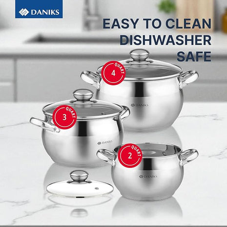 Daniks Classic 6-Piece Stainless Steel Induction Cookware Set – Dishwasher Safe Pots with Lids, Measuring Scale, Silver