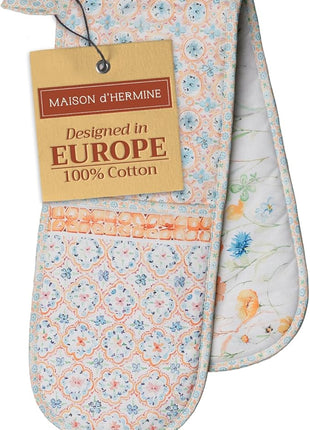 Maison d' Hermine Double Oven Mitts 100% Cotton 7"x35" Double Oven Mitt Heat Resistant BBQ Cooking Gloves with Loop, Baking, Grilling, Home, Kitchen, Handling Hot Pans Spring Summer (Summer Whisper)