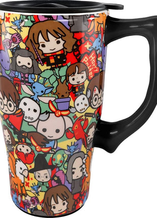 Spoontiques - Ceramic Travel Coffee Mug with Lid and Handle - Spill Proof Lid - Double Walled Mug for Hot and Cold Beverages - Microwave and Dishwasher Safe - Harry Potter