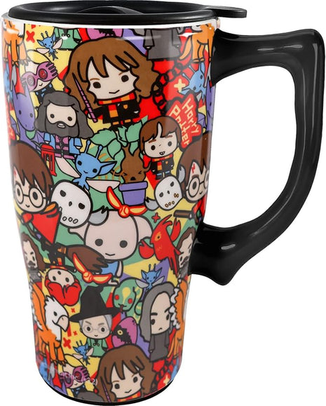 Spoontiques - Ceramic Travel Coffee Mug with Lid and Handle - Spill Proof Lid - Double Walled Mug for Hot and Cold Beverages - Microwave and Dishwasher Safe - Harry Potter