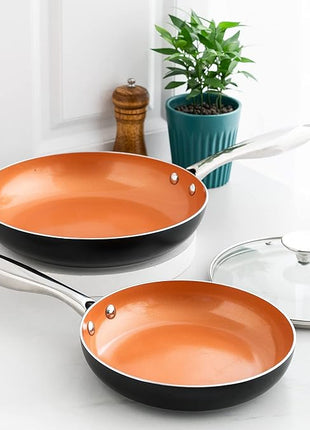 MICHELANGELO Copper Frying Pan Set with Lid, 8" & 10" Nonstick Skillets with Lids, Non Stick Frying Pans Set, Ceramic Non Toxic Fry Pans, Induction Compatible