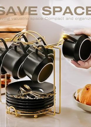 Lareina 3-Ounce Porcelain Espresso Cups Set of 6, Stackable Coffee Cups with Saucers, Spoons and Metal Stand, Ceramic Demitasse Mugs, Espresso Accessories for Machine, Black