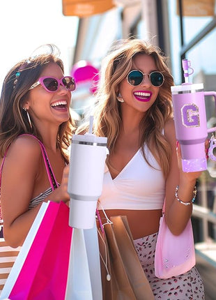 Mity rain 6PCS Cup Accessories Set for Stanley Cup 30oz 40oz tumbler with handle, Including Silicone Straw Topper Cover Cap and Boot, Spill Proof Stopper, Handle Charm, Initials Sticker (Letter G)