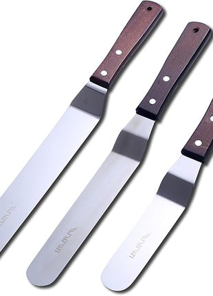 Cake Decorating Angled Icing Spatula Set of 6 8 & 10 Inch Wooden Handle Stainless Steel Offset Frosting Spatulas