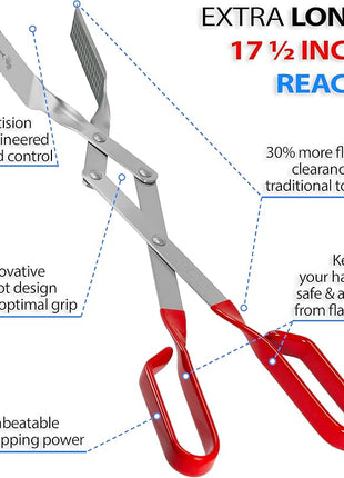 Shark BBQ Steak Grill Tongs - 17 inch Red. Professional outdoor grilling utensil. Long reach Barbeque Grilling Tongs. Ideal for steak, fish, burger, and sausage