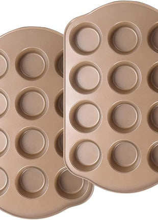 2 Pack Nonstick Muffin Pan Set, 12-Cup Heavy Duty Cupcake Baking Pan with Handles - PFOA-Free Muffin Tin, Rust Proof & Warp Resistant, Oven Safe 430°F (Gold)