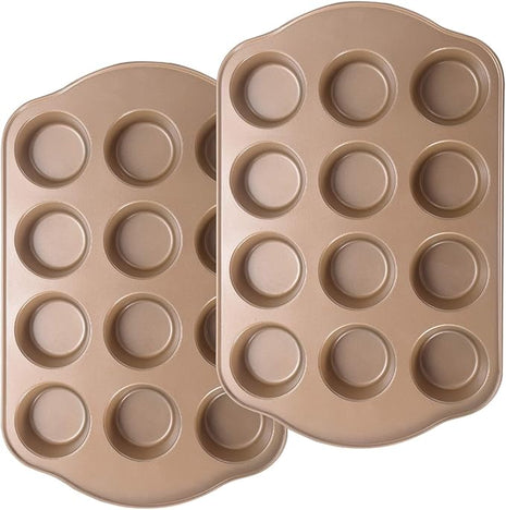 2 Pack Nonstick Muffin Pan Set, 12-Cup Heavy Duty Cupcake Baking Pan with Handles - PFOA-Free Muffin Tin, Rust Proof & Warp Resistant, Oven Safe 430°F (Gold)