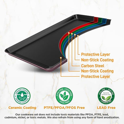 NutriChef 8-Piece Nonstick Stackable Bakeware Set - PFOA, PFOS, PTFE Free Baking Pan Set w/Non-Stick Coating, 450°F Oven Safe, Round Cake, Loaf, Muffin, Wide/Square Pans, Cookie Sheet (Plum)