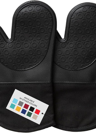 BPA-Free Silicone Oven Mitts Ultra Heat Resistant up to 500°F - Oven Mitts with Thick Cotton Liner - Long Slip Resistant Pot Holders, Flexible Oven Gloves - Black 13.7"