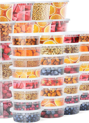 Glotoch 48 Pack (Mixed) 8 oz. and 16 oz. Plastic Containers with Lids, Leak Proof Deli Containers, Meal Prep Soup Containers, BPA Free, Reusable, Freezer Dishwasher Microwave Safe, Mixed sizes