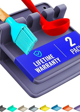 Silicone Spoon Rest for Stove Top with Drip Pad (Two Pack) - Heat Resistant BPA Free Utensil Rest & Spoon Holder for Kitchen Counter - Grill Utensil Holder - Spatula Holder, Tongs, Ladle - Purple