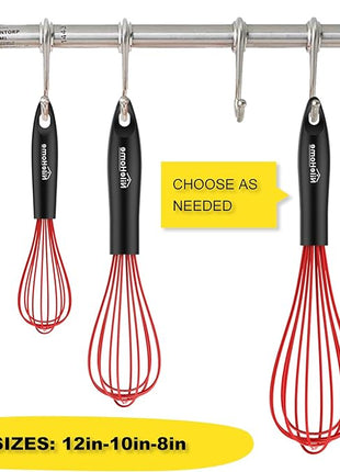 NileHome Silicone Whisk Set 8" 10" 12", 3 Pack Kitchen Whisk Kitchen Wisk Wire Whisks for Cooking, Whisking, Blending, Beating, Stirring-Red