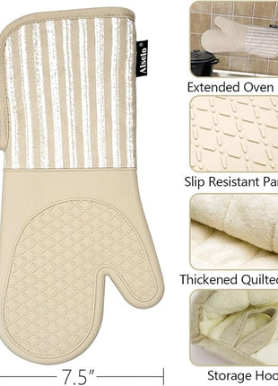 Silicone Oven Mitts Heat Resistant 932℉ with Waterproof & Non-Slip Kitchen Mittens, Set of 2 Extra Long Oven Gloves with Soft Cotton Terry Lining for Baking Cooking Barbecue (Khaki, 2)