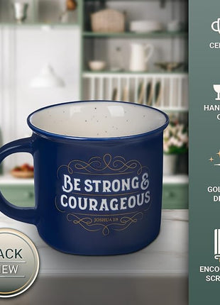 Christian Art Gifts Inspirational Ceramic Coffee & Tea Scripture Mug for Men & Women: Strong & Courageous Bible Verse, Microwave & Dishwasher Safe Non-toxic Beverage Cup, Dark Navy Blue/White, 13 oz.