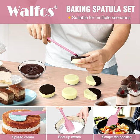 Walfos Silicone Spatula Set of 5 - (600°F) High Heat Resistant Kitchen Scraper Spatulas, One-Pieces Seamless Design, Perfect for Cooking Mixing & Baking - BPA Free and Dishwasher Safe（Pink）