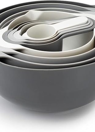 COOK WITH COLOR Nesting Bowls with Measuring Cups Colander and Sifter Set - Includes Mixing Bowls, Colander, Sifter and Measuring Cups, Gray, 8 Pc Bowl