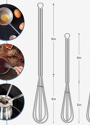 Walfos Whisk,304 Stainless Steel Mini whisk,Small Whisk.6in Long-Handle Non Rust Whisks Nice for stirring individual eggs and mixing small amounts of powder and sauce.Dishwasher Safe.(5+7+10in)