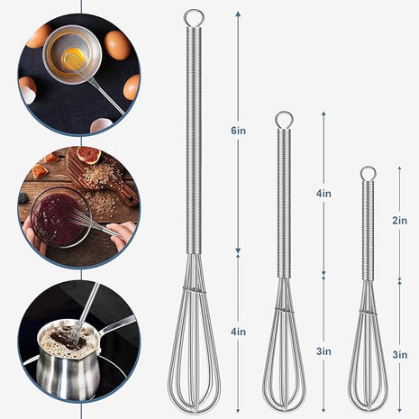 Walfos Whisk,304 Stainless Steel Mini whisk,Small Whisk.6in Long-Handle Non Rust Whisks Nice for stirring individual eggs and mixing small amounts of powder and sauce.Dishwasher Safe.(5+7+10in)