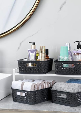 [ 12 Pack ] Plastic Storage Baskets, Small Pantry Organization and Storage Bins, Household Organizers for Laundry Room, Bathrooms, Kitchens, Cabinets, Countertop, Under Sink or Shelves, Black