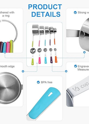 13-Piece Measuring Cups and Spoons Set Stainless Steel for Cooking & Baking (8 Cups +5 Spoons, Colorful）