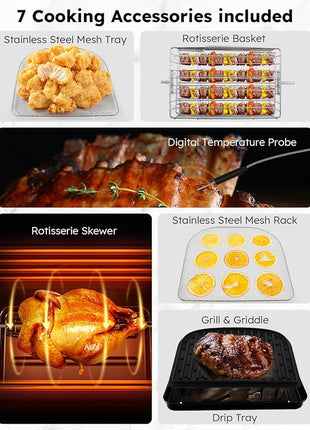 Nuwave Brio Air Fryer Oven, 15.5Qt X-Large Family Size, SS Rotisserie Basket &Skewer-Kit, Reversible Ultra Non-Stick Grill/Griddle Plate, Powerful 1800W, Integrated Smart Thermometer,Black