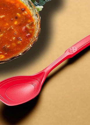 Large Silicone Cooking Spoon, Non-Stick Solid Spoon set with Deep Bolw and Measurement Mark for Mixing, Serving, Draining, Scooping, Scraping, Heat Resistant Kitchen Utensils, Red