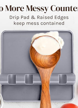 Silicone Spoon Rest for Stove Top with Drip Pad (2 Pack) - Heat Resistant BPA Free Utensil Rest & Kitchen Spoon Holder for Kitchen Counter - Grill Countertop - Spatula Holder, Tongs, Ladle - Gray