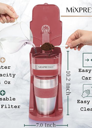 Mixpresso Red Personal Single Serve Coffee Maker with 14oz Travel Mug, Drip Small Coffee Maker with Auto Shut Off, Reusable Filter, Works with Ground Coffee Only – Not for K-Cup Pods