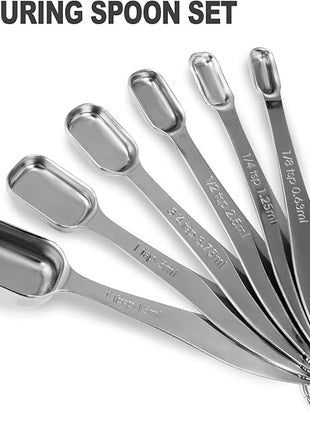 13-piece Measuring Cups and Spoons Set, 18/8 Stainless Steel Heavy Duty Ergonomic Handle with Ring Connector, Silver