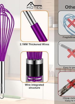 HOTEC 4 Pieces Silicone Whisks Set, Wire Balloon Whisks Egg Beater, Non-slip Handle Whisk for Non-stick Cookware Perfect for Cooking, Stirring, Beating and Blending (Purple)