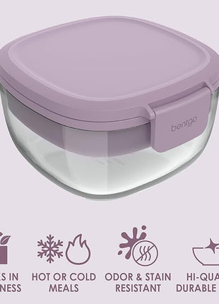 Bentgo Glass All-in-One Salad Container - Large 61-oz Salad Bowl with Lid, 4-Compartment Bento-Style Tray, 3-oz Sauce Container, and Reusable Fork - Dishwasher, Microwave, and Oven Safe (Lavender)