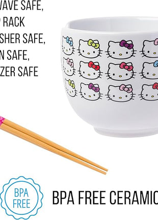 Silver Buffalo Sanrio Hello Kitty Face with Different Color Bows Pattern Ceramic Ramen Noodle Rice Bowl with Chopsticks, Microwave Safe, 20 Ounces