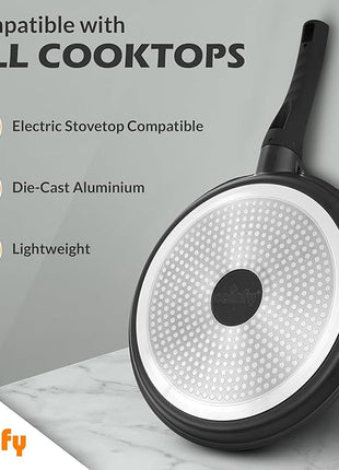 Non Stick 11 Inch Granite Coated Crepe Pan - Lightweight 4.27 Quart Dosa Pan with Comfort Stay Cool Grip Handle - Induction Compatible PFOA Free Tortilla Cookware (Black)