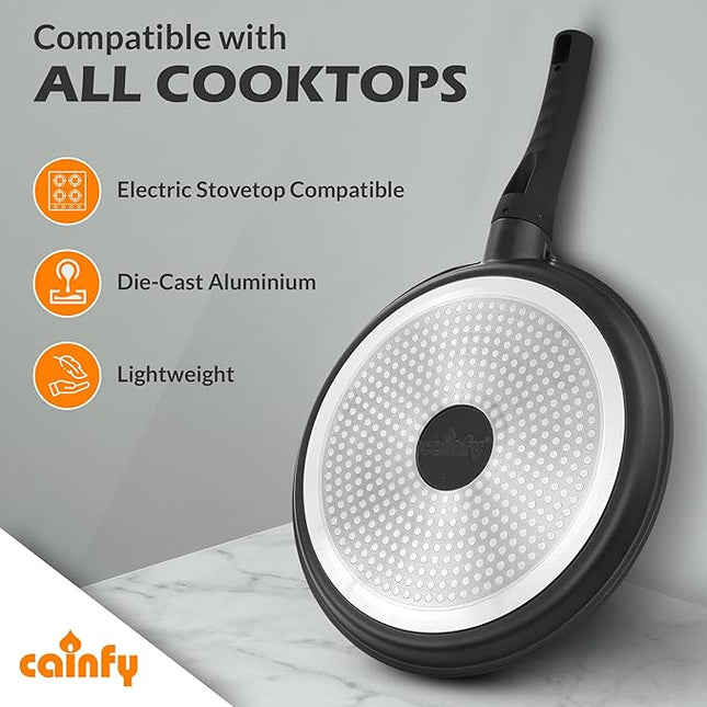 Non Stick 11 Inch Granite Coated Crepe Pan - Lightweight 4.27 Quart Dosa Pan with Comfort Stay Cool Grip Handle - Induction Compatible PFOA Free Tortilla Cookware (Black)