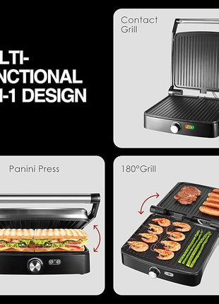 OSTBA Panini Press Grill Indoor Sandwich Maker with Temperature Setting, 4 Slice Large Non-stick Versatile Grill, Opens 180 Degrees to Fit Any Type or Size of Food, Removable Drip Tray, 1200 W