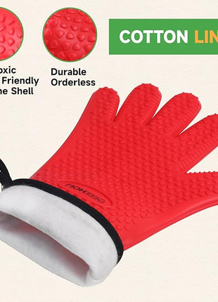 GEEKHOM BBQ Gloves Heat Resistant Oven Mitts - Silicone Grilling Gloves with 14" Long Arm Protection - Waterproof Pot Holder Non-Slip for Men & Women, Kitchen Cooking, Baking, Camping, Red