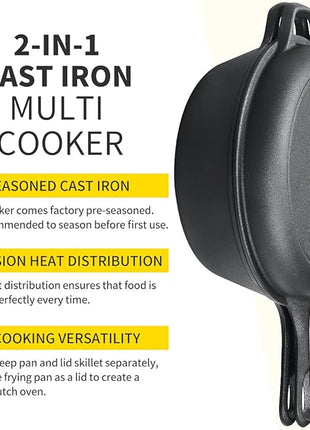 2-in-1 Pre-Seasoned Cast Iron Dutch Oven Pot with Skillet Lid Set, 10" Skillet 3QT Pot for Cooking, Baking, Frying and Camping