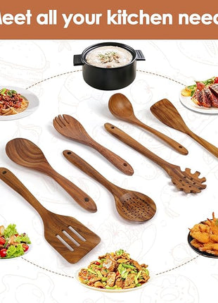 comfoyar Teak Wooden Spoons for Cooking, 7 Pieces Kitchen Cooking Utenails Set with Spatula and Ladle, Heat Resistant Kitchen Cookware for Nonstick Pan