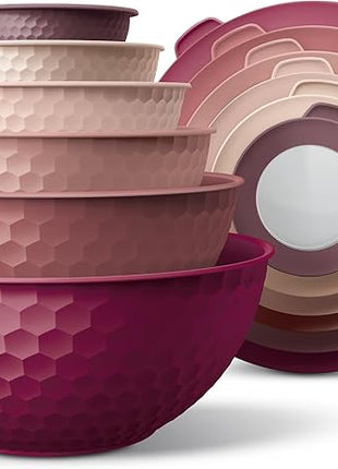 COOK WITH COLOR Mixing Bowls with Lids - 12 Piece Plastic Nesting Bowls Set includes 6 Prep Bowls and 6 Lids, Non Slip Bottom and Embossed Design - Microwave Safe (Rose)