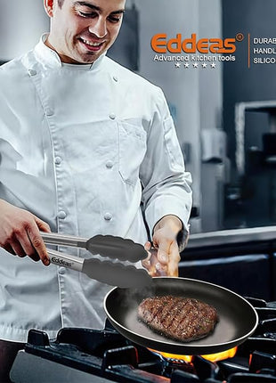 Kitchen Tongs with Silicone Tips - Heat Resistant 600 Degrees Stainless Steel Locking Cooking Tongs with Rubber Tips, Non-Stick Food Tongs for Cooking, Heavy Duty, Set of 3-7" 9" and 12" Grey