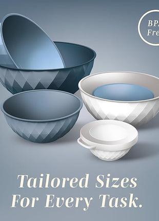 COOK WITH COLOR Mixing Bowls with Lids - 12 Piece Plastic Nesting Bowls Set includes 6 Prep Bowls and 6 Lids, Diamond Design - Microwave Safe, Denim