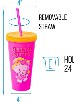 Silver Buffalo Sanrio Hello Kitty Summertime Gardening Color Changing Plastic Tumblers Includes Lid and Straw, 24 Ounces (Pack of 48)