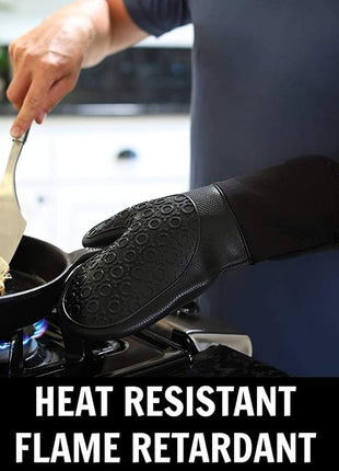 HOMWE Silicone Oven Mitts and Pot Holders, 4-Piece Set, Heavy Duty Cooking Gloves, Kitchen Counter Safe Trivet Mats, Advanced Heat Resistance, Slip-Resistant Textured Grip, Black