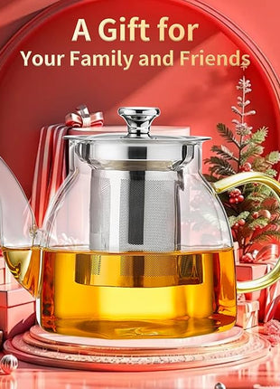 Glass Tea Pot with Stainless Steel Infuser and Lid (Octagonal), Clear Glass Teapot, Borosilicate Hydrochloric Glass Heat Resistant, Fine Glass Filter for Flower Tea, Tea Bags (27 oz / 800 ml)
