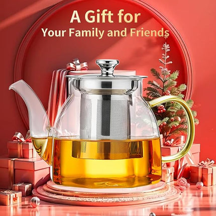 Glass Tea Pot with Stainless Steel Infuser and Lid (Octagonal), Clear Glass Teapot, Borosilicate Hydrochloric Glass Heat Resistant, Fine Glass Filter for Flower Tea, Tea Bags (27 oz / 800 ml)