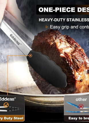 Kitchen Tongs with Silicone Tips, Heat Resistant 600 Degrees All Metal handle Locking Tongs For Cooking with Rubber Tips, Heavy Duty Stainless steel Food Tongs, Set of 3-7" 9" & 12" Black