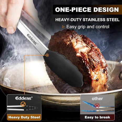 Kitchen Tongs with Silicone Tips, Heat Resistant 600 Degrees All Metal handle Locking Tongs For Cooking with Rubber Tips, Heavy Duty Stainless steel Food Tongs, Set of 3-7" 9" & 12" Black