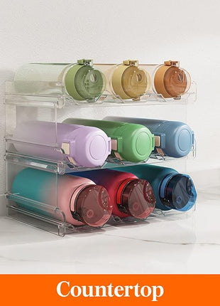 Lifewit Stackable Water Bottle Organizer for Cabinet, Water Bottle Holder, Kitchen Pantry Organization and Storage, Plastic Fridge Wine Racks, Tumbler Travel Mug Cup Holder, 3Pack, Hold 9 Bottles