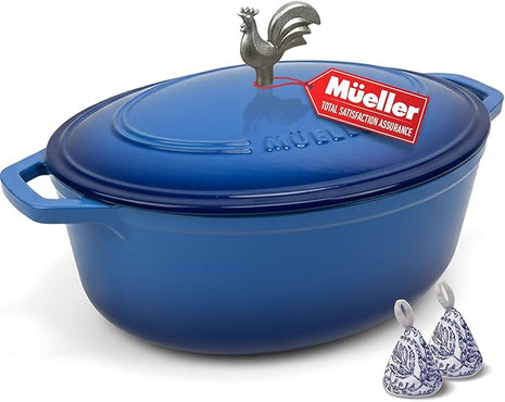 MUELLER HOME 5.5 Quart Enameled Cast Iron Oval Dutch Oven w Rooster Knob & Cotton Potholders, Heavy-Duty Cookware, Oven-Safe up to 500° F & Across All Cooktops, Gifts for Grandma & Women, Aqua Blue