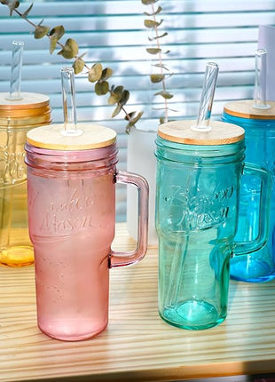 ANOTION Colored Glass Cups with Handle Set of 4, 24oz Glass Cups with Lids and Straws Travel Coffee Mug Bamboo Mason Jar Iced Cup Smoothie Tea Clear Cute Water Drinking Jars Glasses